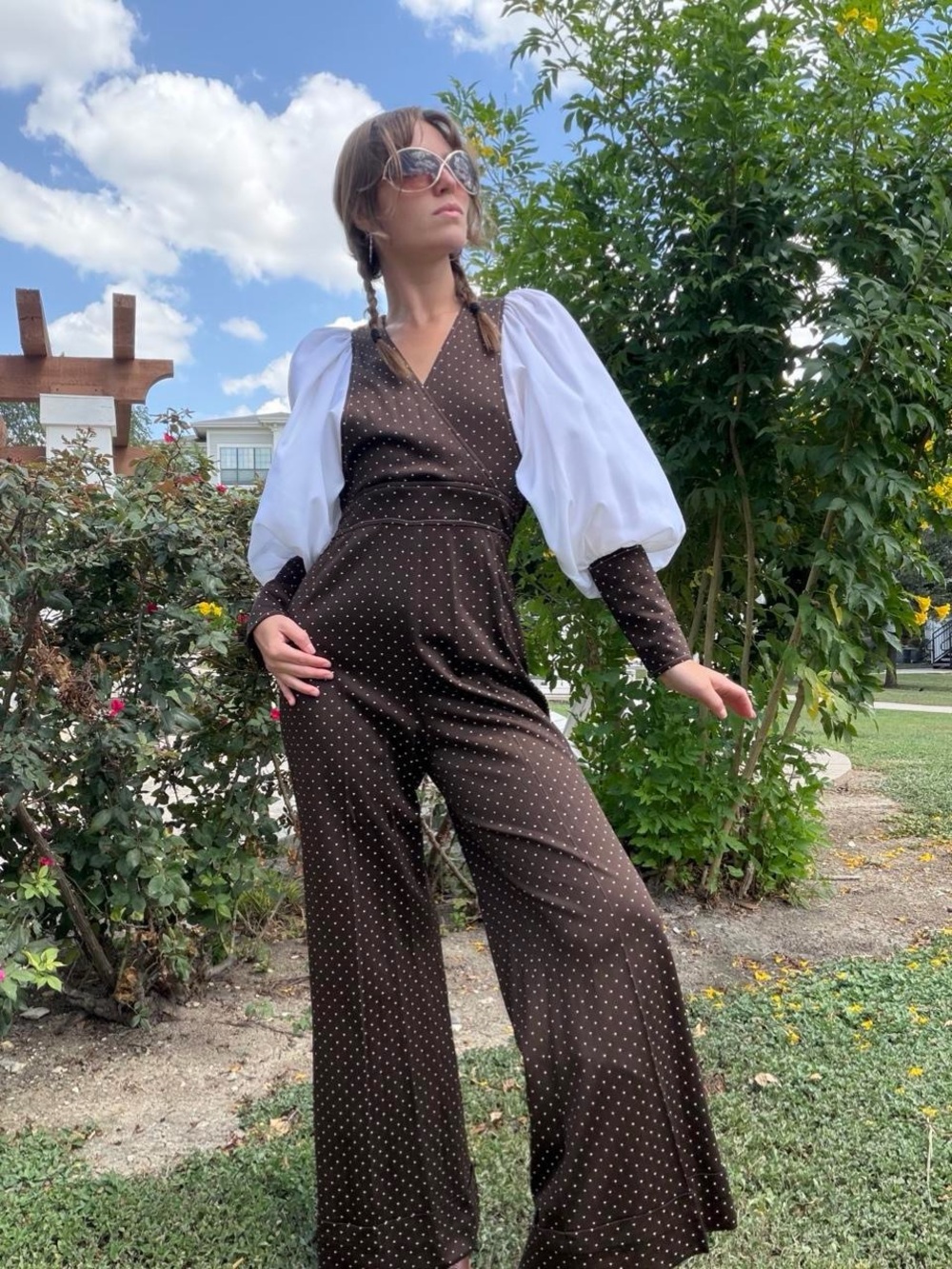 Vintage VTG 70s Jerell of Texas Brown Polka Dot Flare Leg Bishop Sleeve Jumpsuit